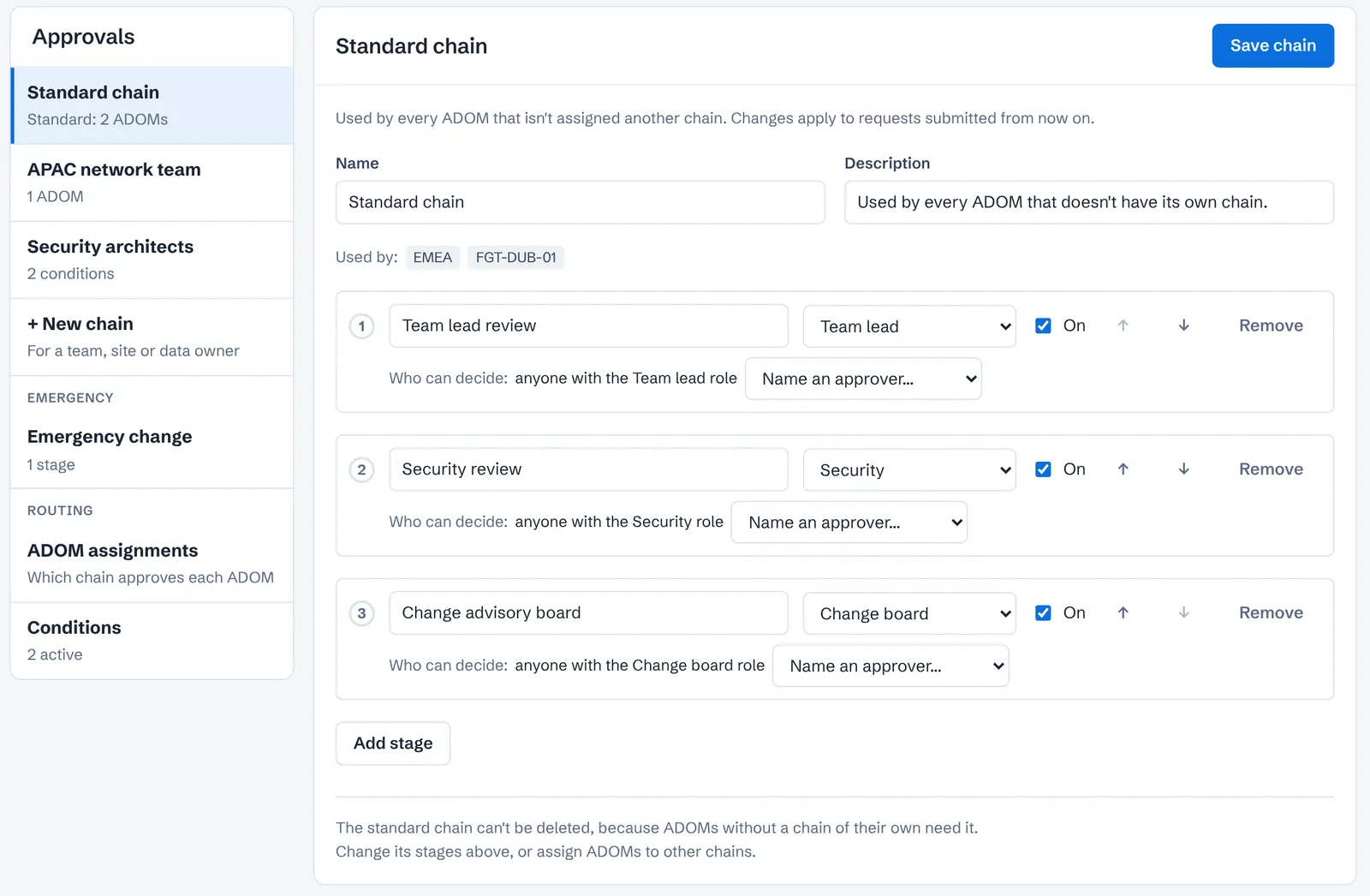 Approval chains settings: the standard chain with team lead, security and change advisory board stages, alongside the APAC network team, Security architects and Emergency change chains, ADOM assignments and conditions.