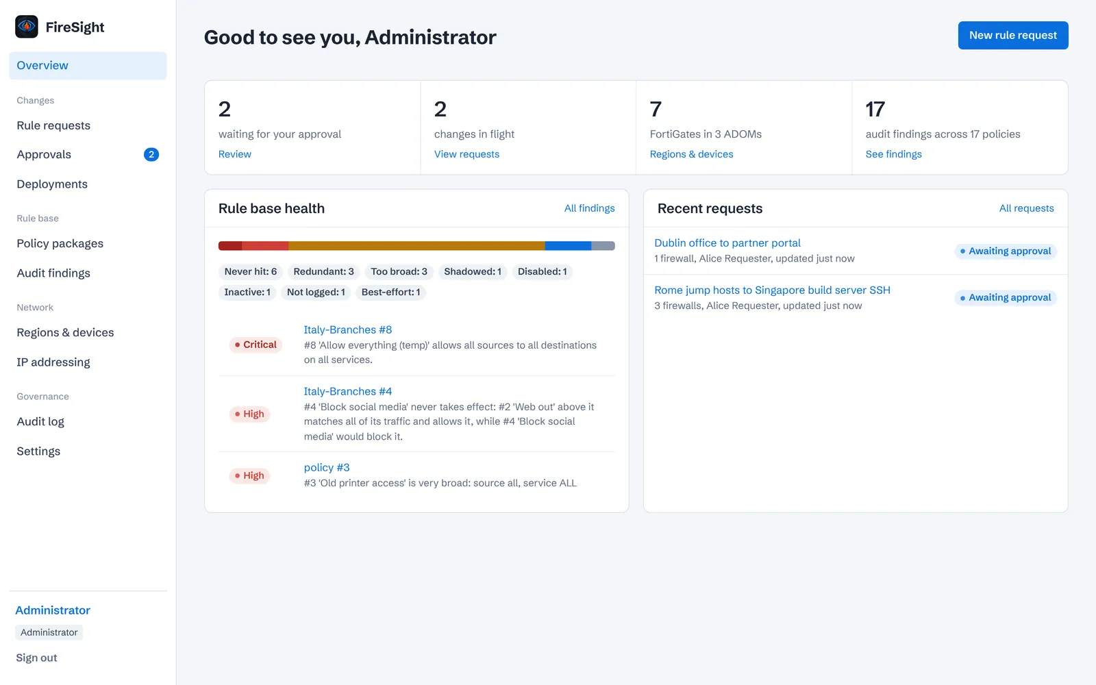 FireSight overview screen showing approval and change counts, 7 FortiGates in 3 ADOMs, 17 audit findings and a rule base health bar with the top findings.